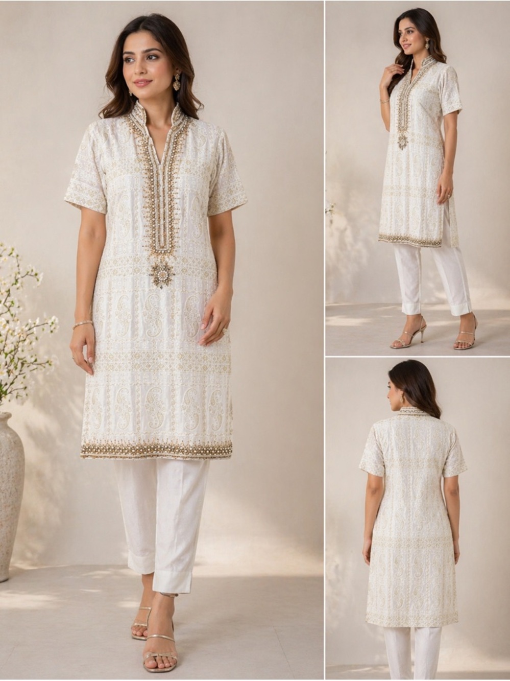 Elegant Ivory Embroidered Kurta Top with Gold Accents - Women